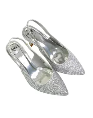 Vaia Pointed Toe Sling Back Diamante Bridal Heels Court Shoes in SIlver