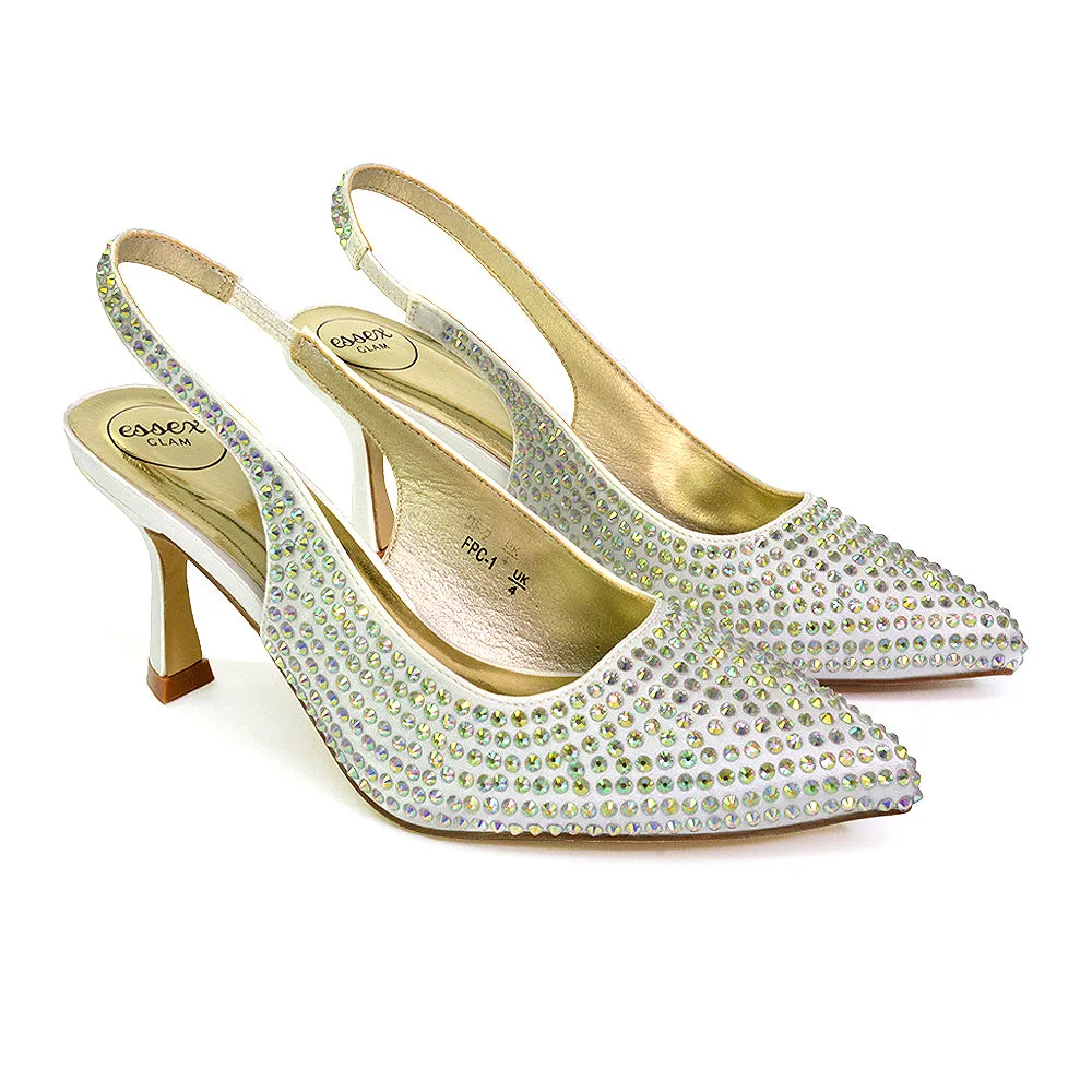 Vaia Pointed Toe Sling Back Diamante Bridal Heels Court Shoes in SIlver