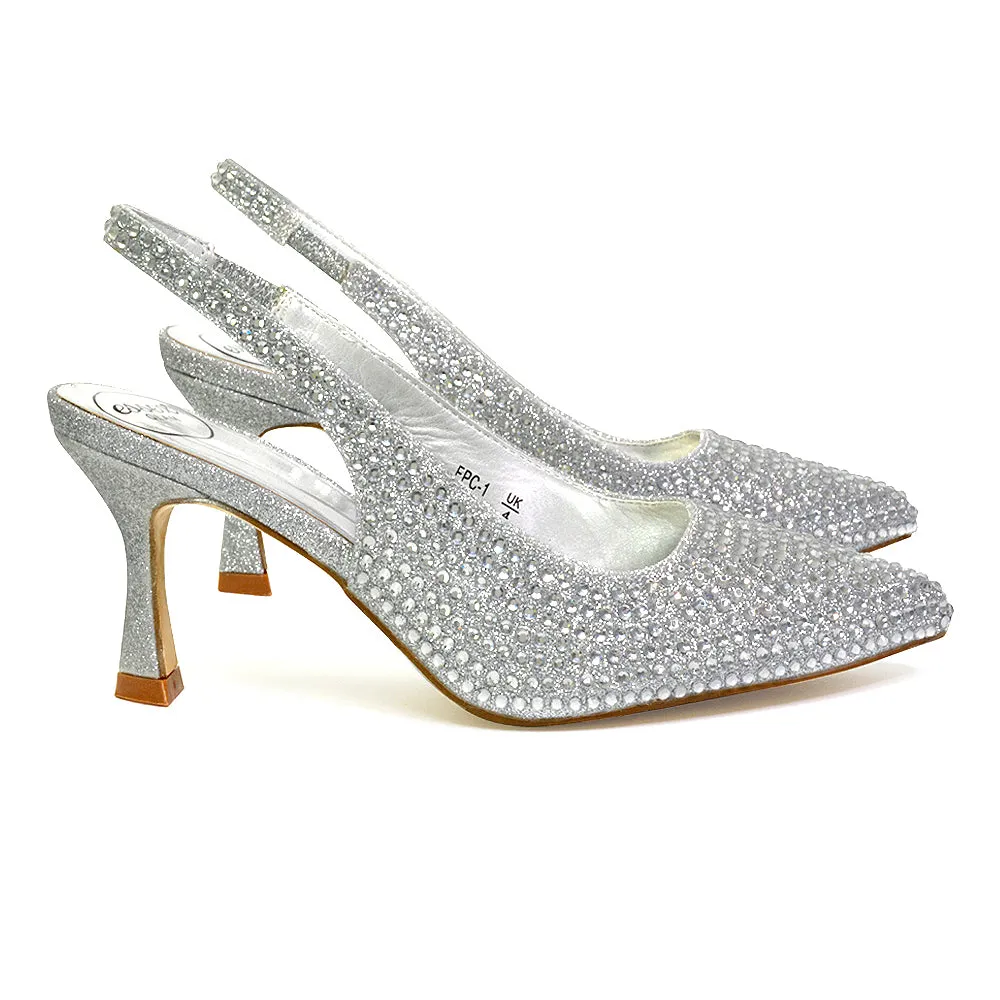 Vaia Pointed Toe Sling Back Diamante Bridal Heels Court Shoes in SIlver