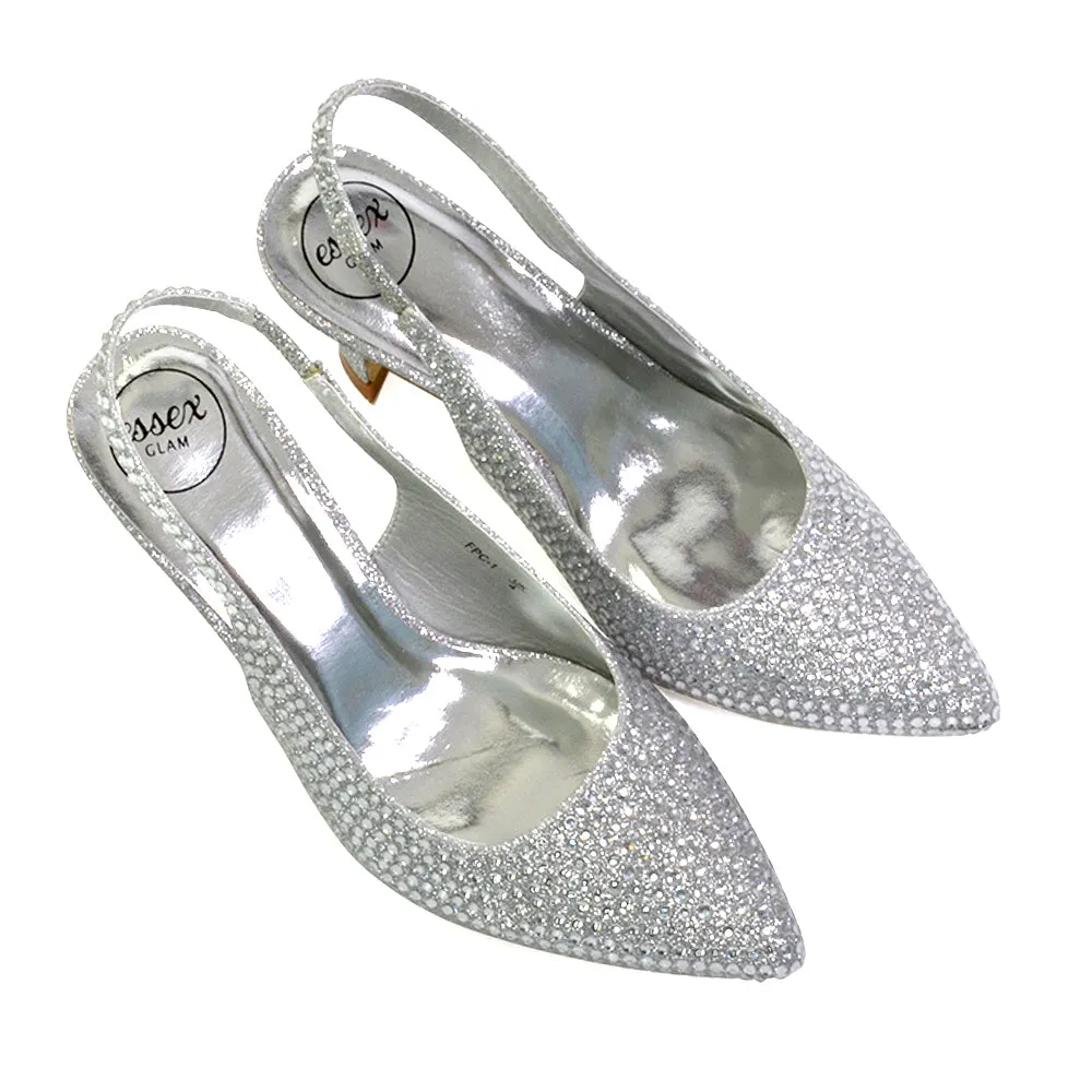 Vaia Pointed Toe Sling Back Diamante Bridal Heels Court Shoes in SIlver