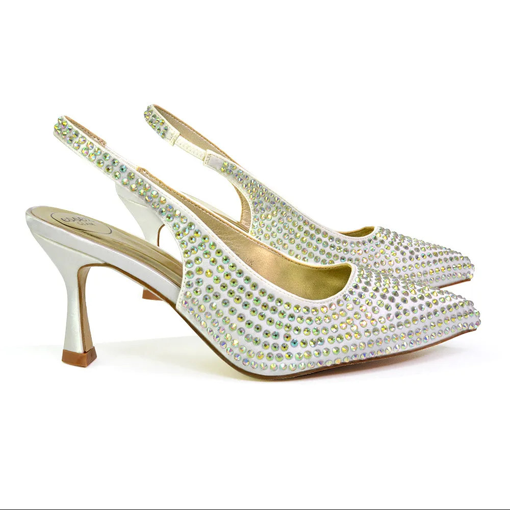 Vaia Pointed Toe Sling Back Diamante Bridal Heels Court Shoes in SIlver