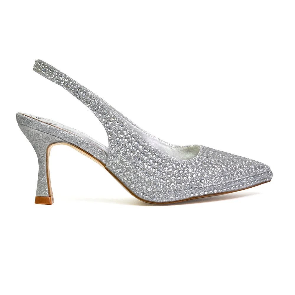 Vaia Pointed Toe Sling Back Diamante Bridal Heels Court Shoes in SIlver