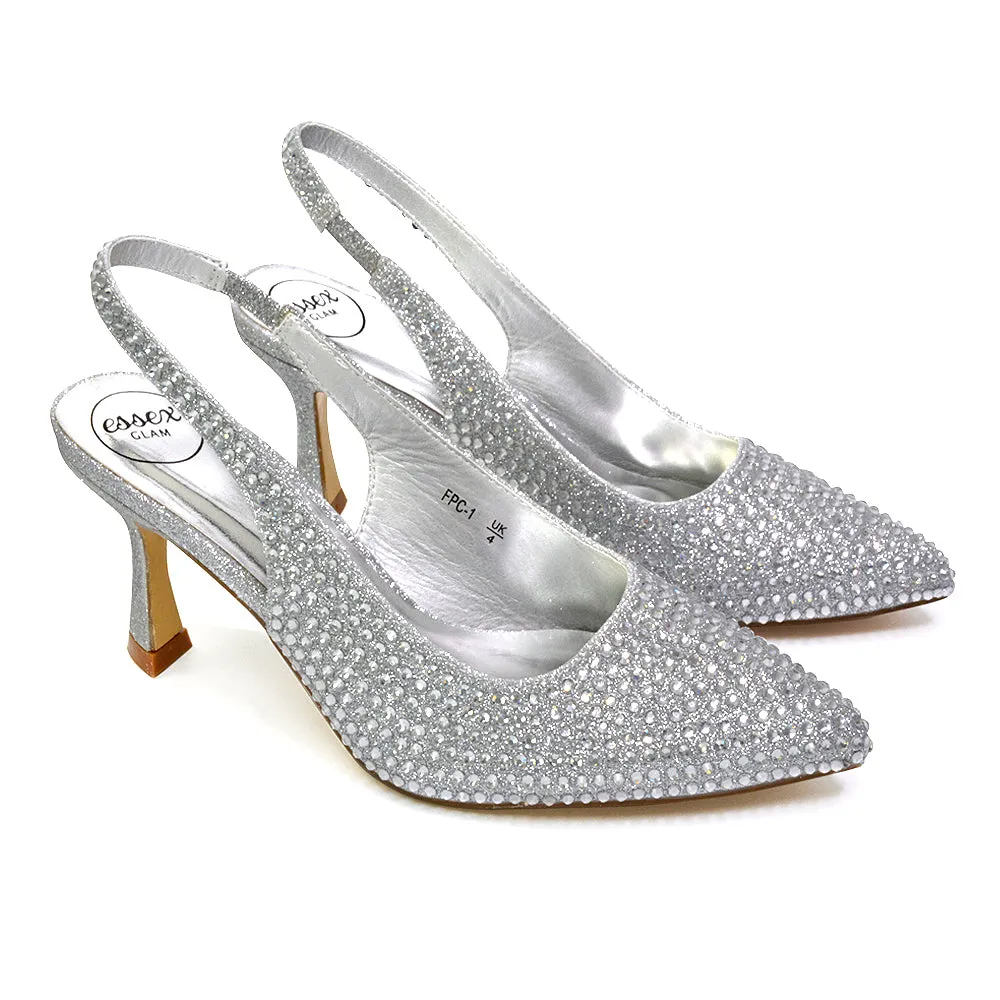 Vaia Pointed Toe Sling Back Diamante Bridal Heels Court Shoes in SIlver