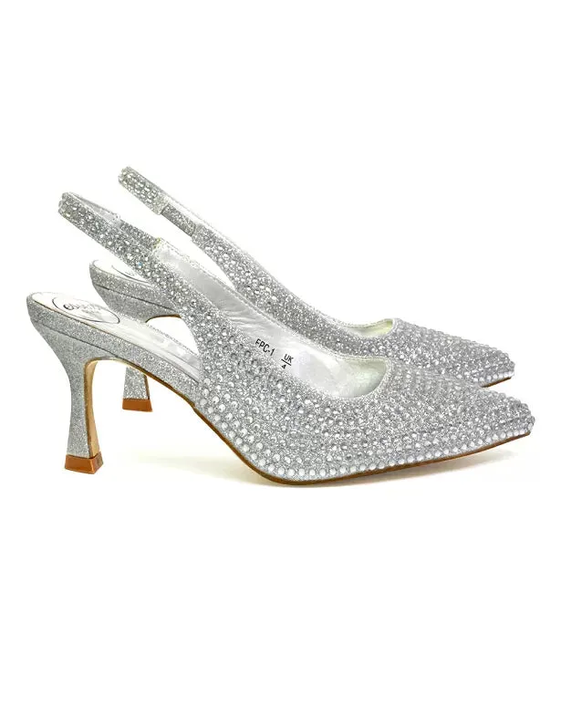 Vaia Pointed Toe Sling Back Diamante Bridal Heels Court Shoes in SIlver