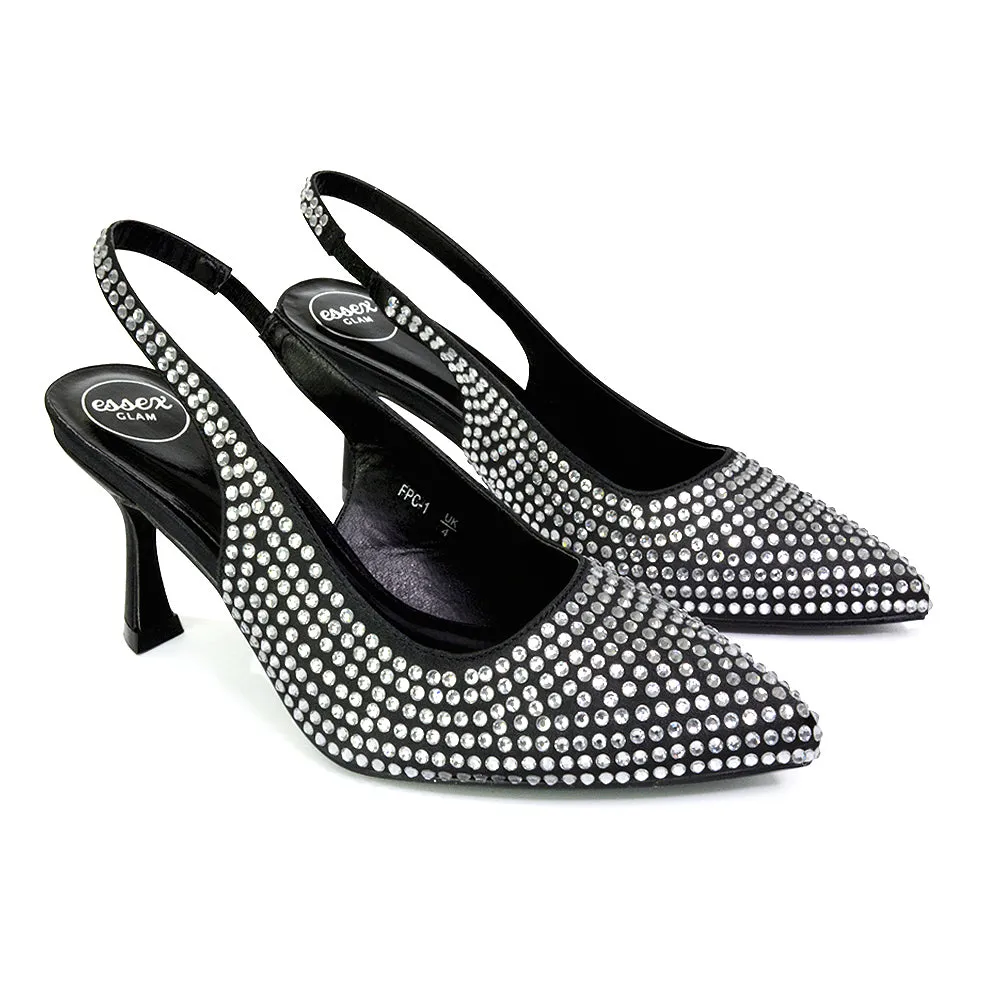 Vaia Pointed Toe Sling Back Diamante Bridal Heels Court Shoes in SIlver