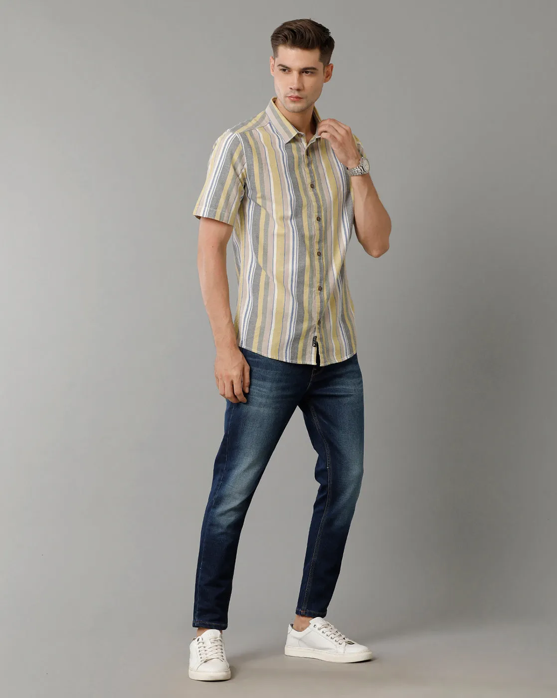 Voi Jeans Mens Multi Colour Stripe Slim Fit Shirt