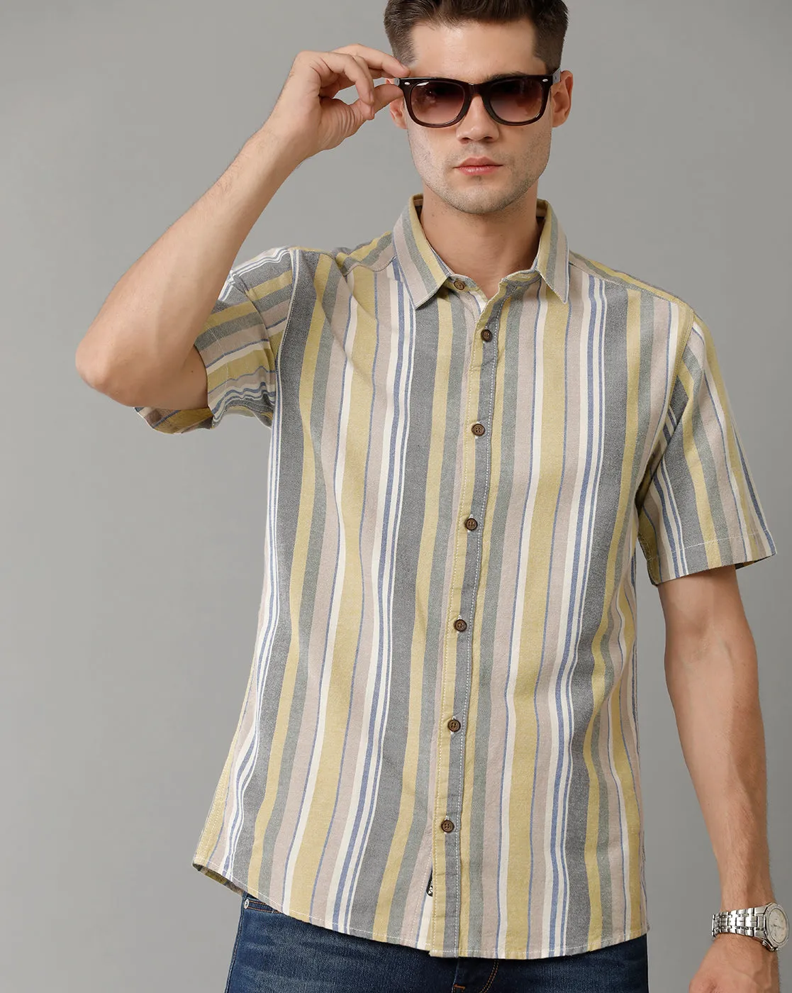 Voi Jeans Mens Multi Colour Stripe Slim Fit Shirt