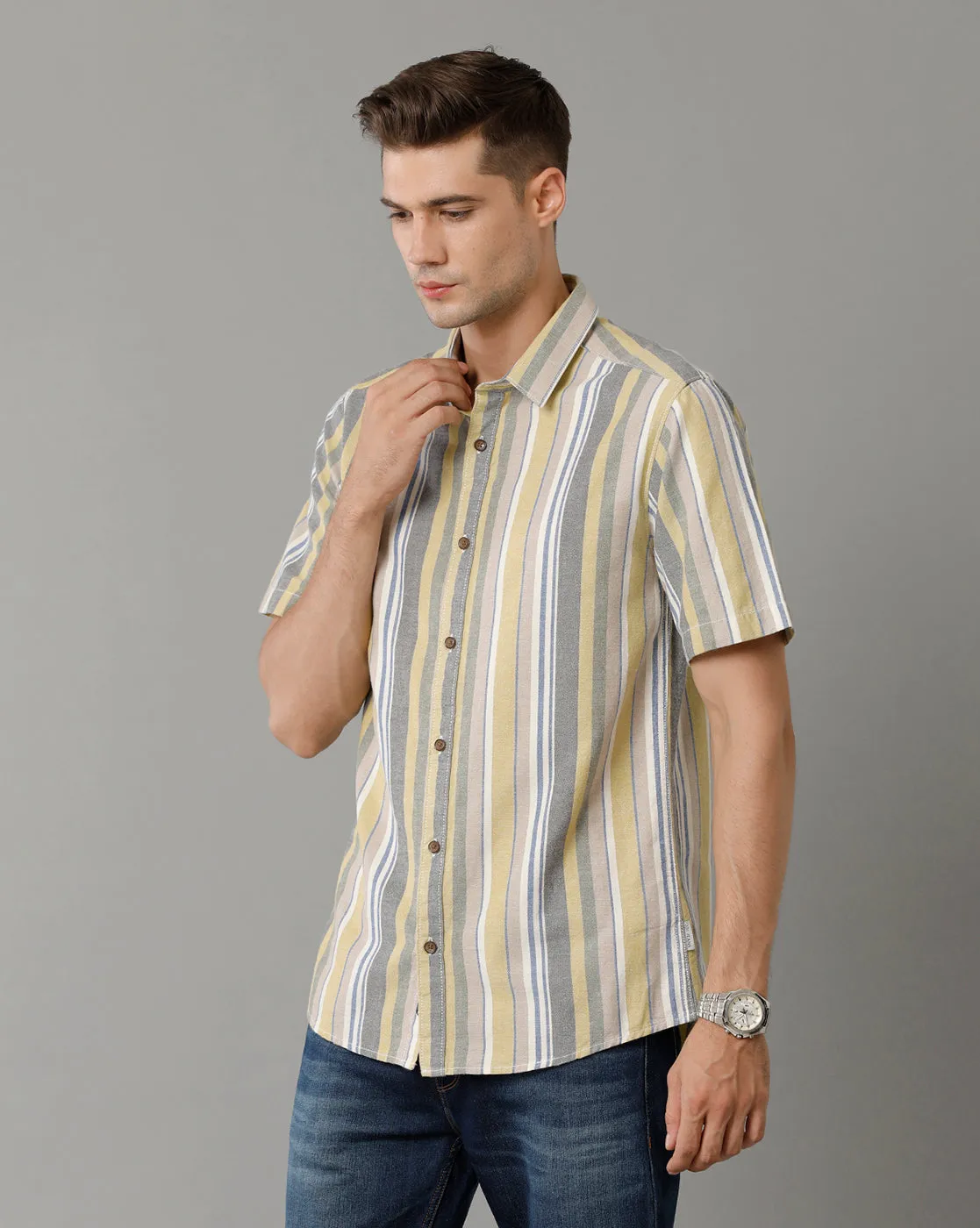 Voi Jeans Mens Multi Colour Stripe Slim Fit Shirt