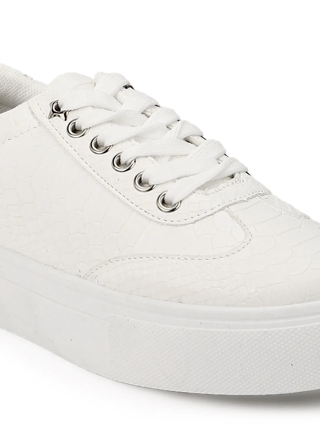 White PU Snake Skin Texture Lace-up Sneakers