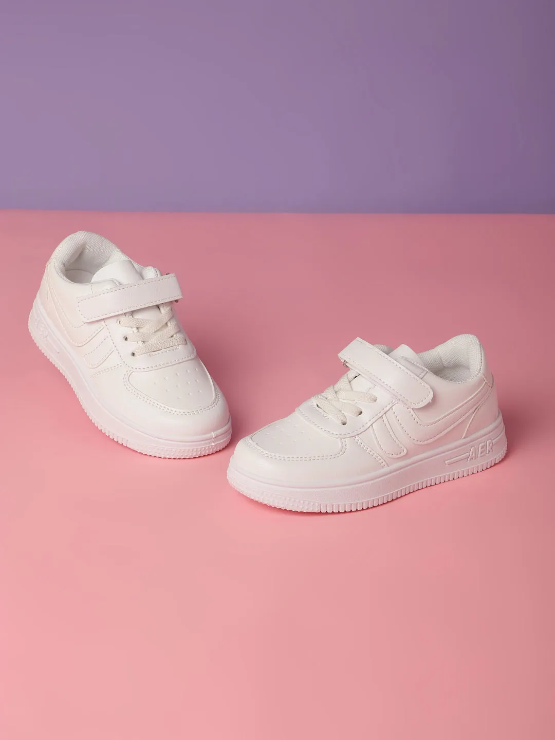 White PU Stylish Velcro Sneakers For Kids-Unisex (TC-RS3619-WHT)