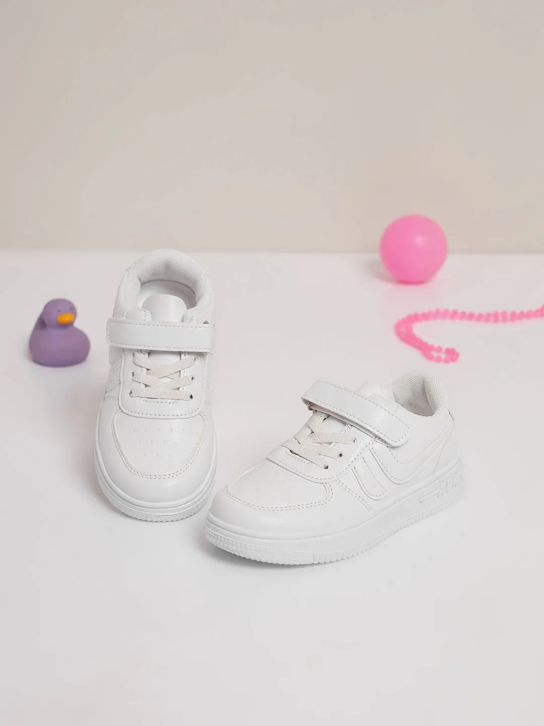 White PU Stylish Velcro Sneakers For Kids-Unisex (TC-RS3619-WHT)