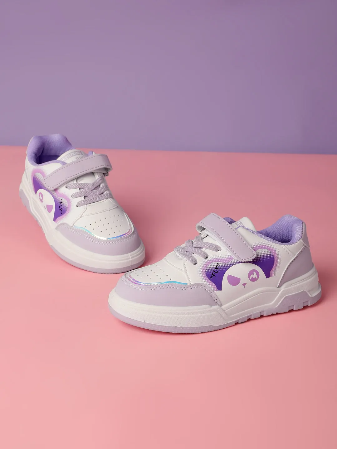 White Purple PU Stylish Velcro Sneakers For Kids-Unisex (TC-RS3649-B-WHTPUR)