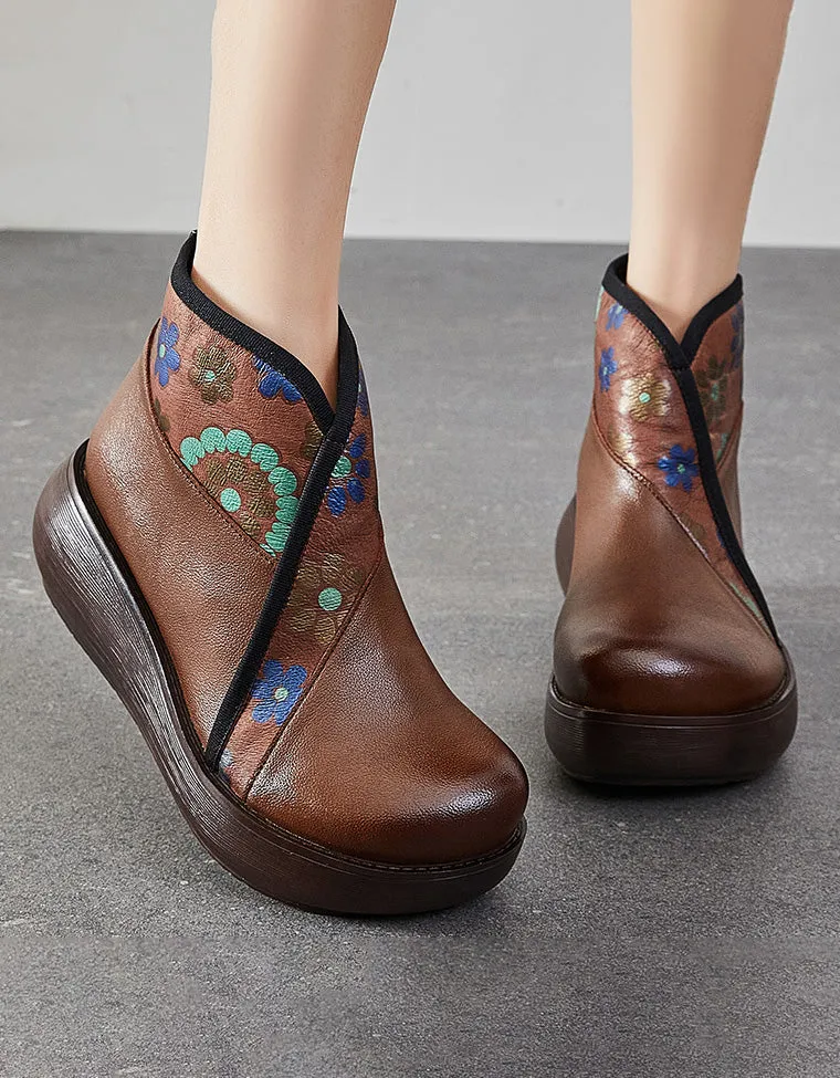 Winter V-Neck Flower Printed Retro Wedge Boots