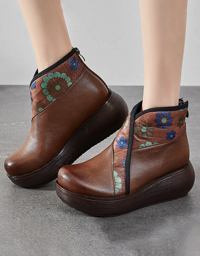 Winter V-Neck Flower Printed Retro Wedge Boots