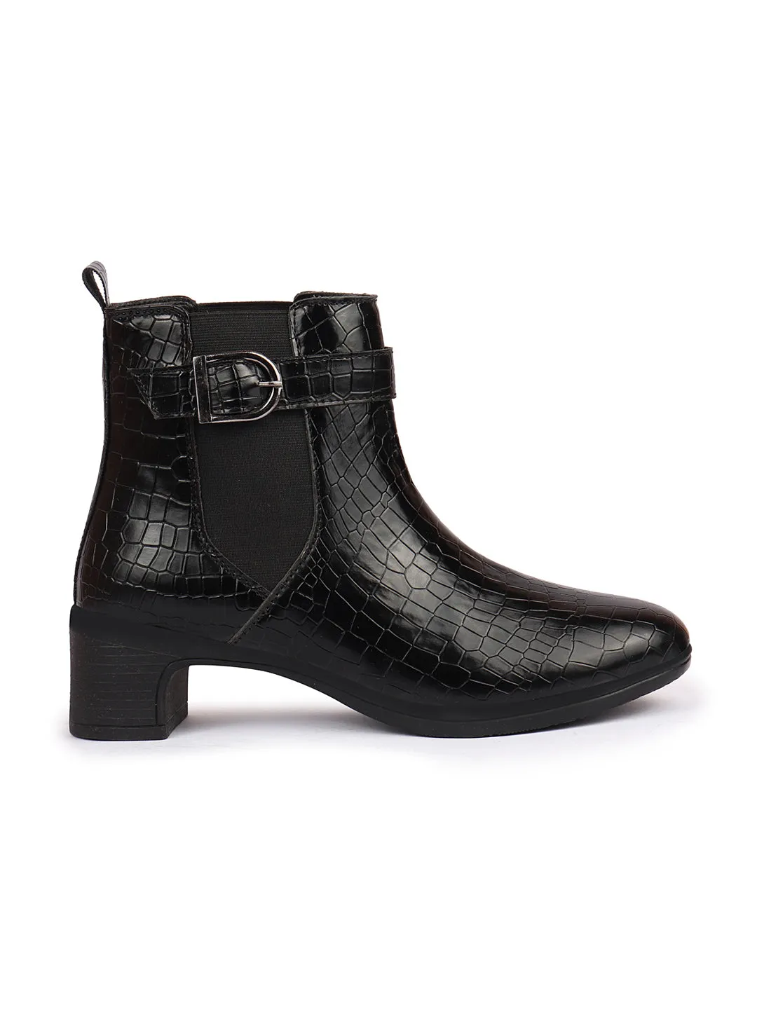 Women Black Flared Heel High Ankle Leopard Print Embossed Design Winter Buckle Strap Chelsea Boots