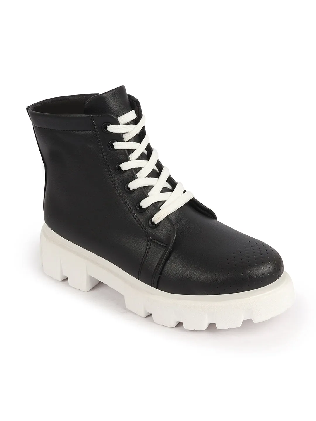 Women Black Outdoor Winter High Top Chunky Lace Up Casual Boots