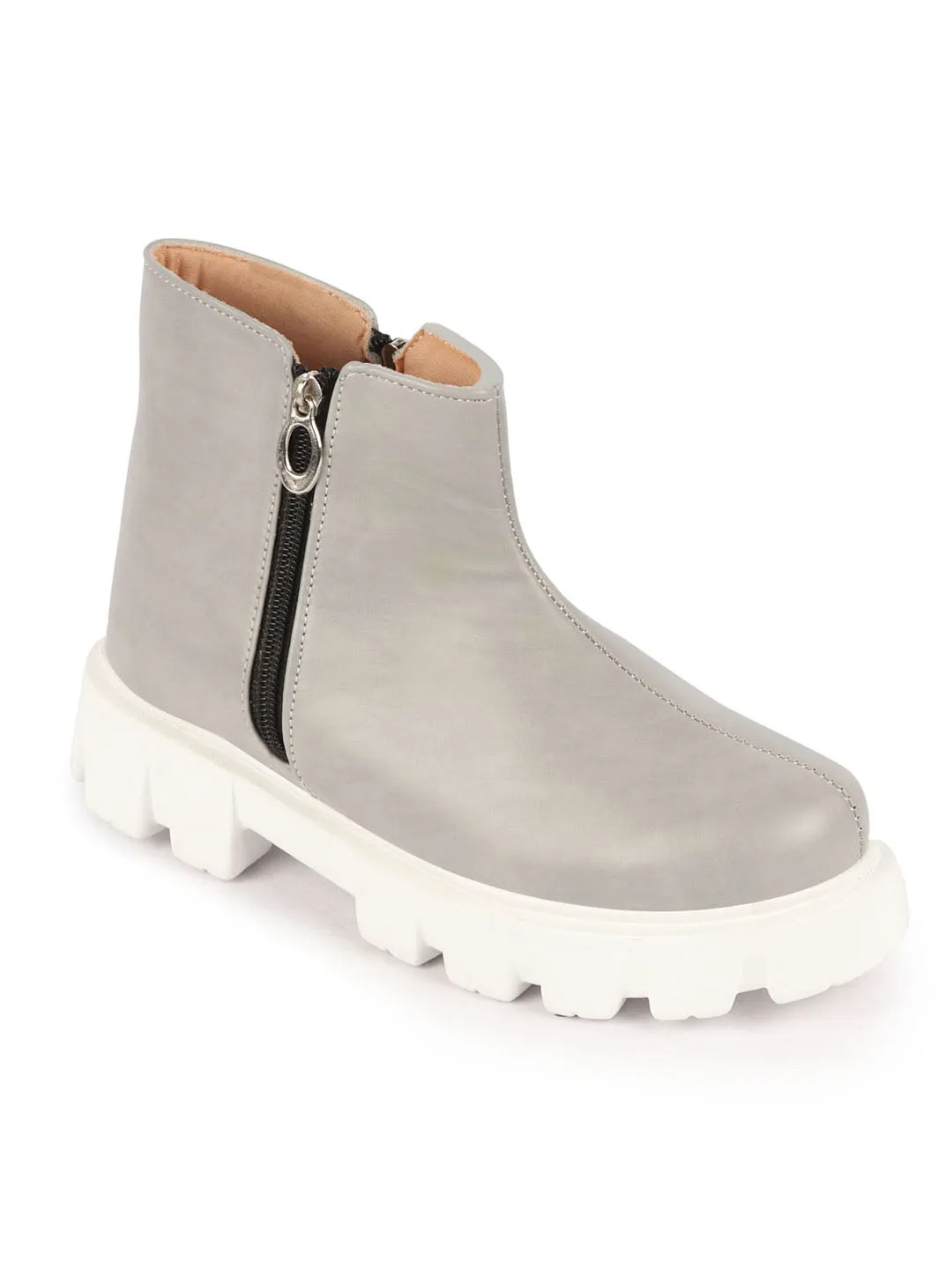 Women Grey Outdoor High Top Chunky Side Zipper Office Work Boots