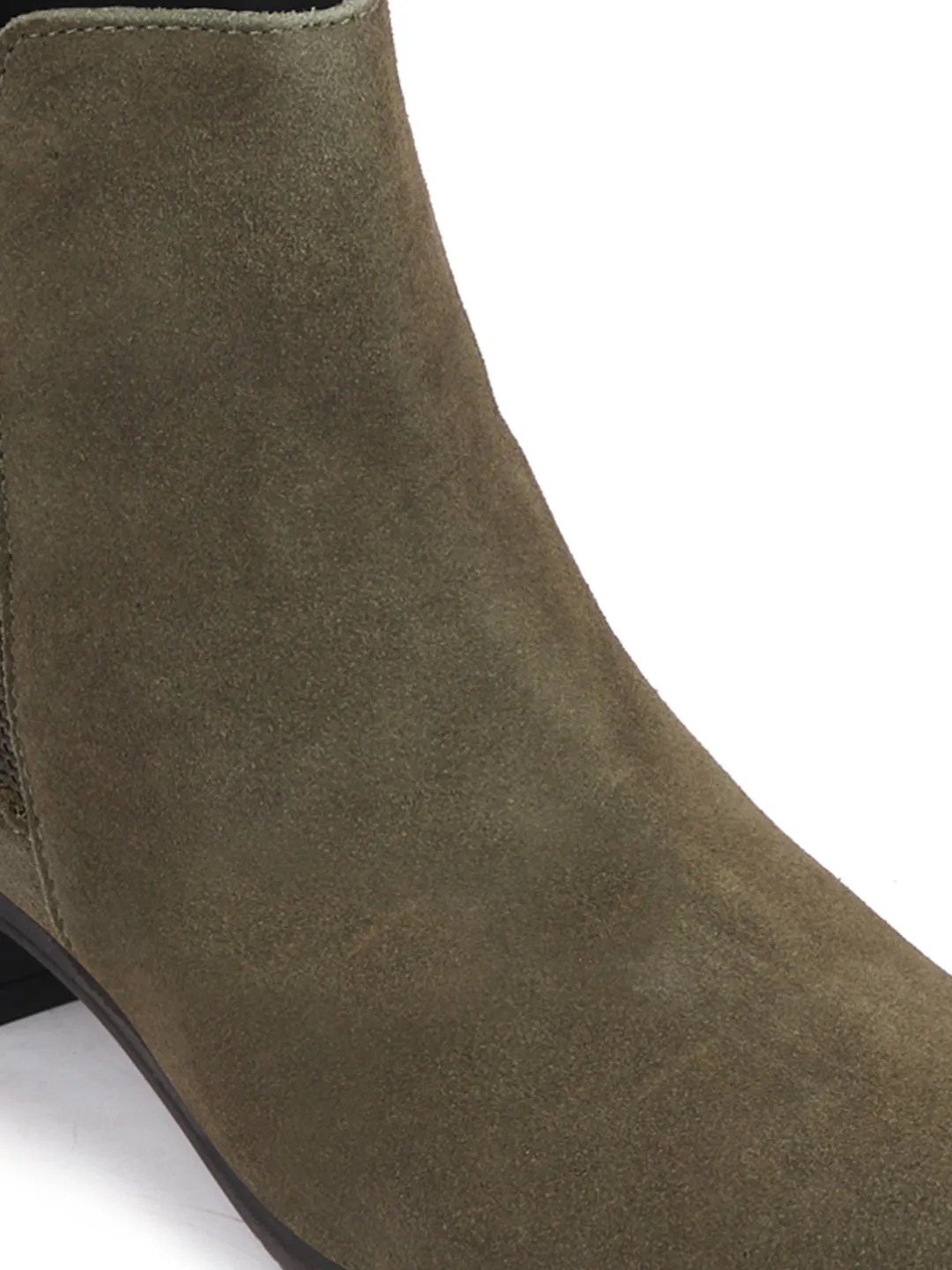 Women Olive Flared Heel Mid Top Suede Leather Zipper Closure Winter Chelsea Boots