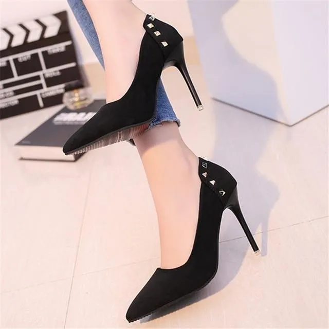 Women Shoes Pointed Toe Pumps Suede Leisure Dress Shoes High Heels Boat Wedding tenis feminino Rivet 10cm