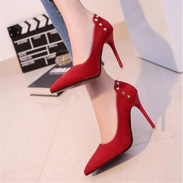 Women Shoes Pointed Toe Pumps Suede Leisure Dress Shoes High Heels Boat Wedding tenis feminino Rivet 10cm