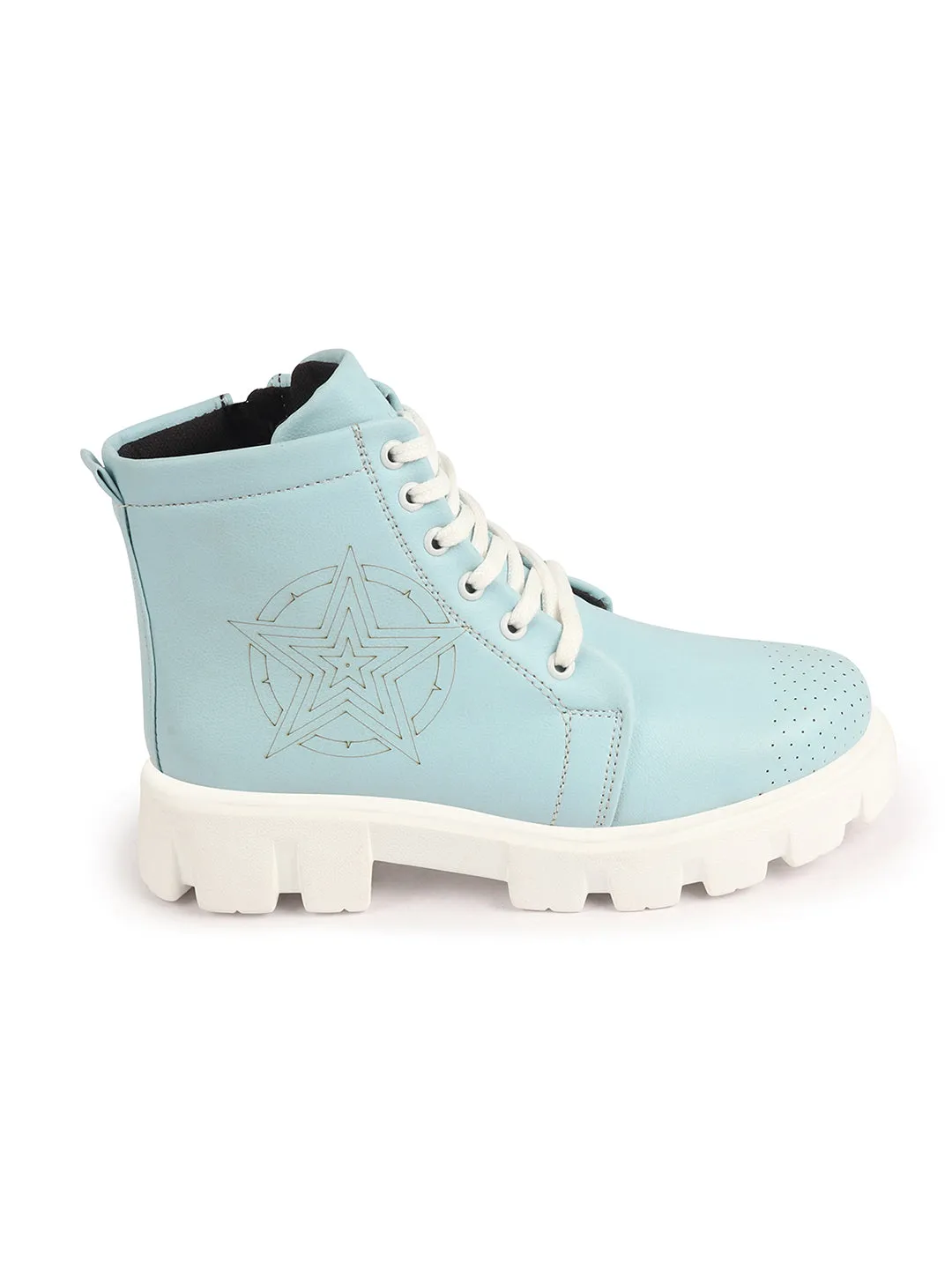 Women Sky Blue Outdoor Winter High Top Chunky Lace Up Casual Boots