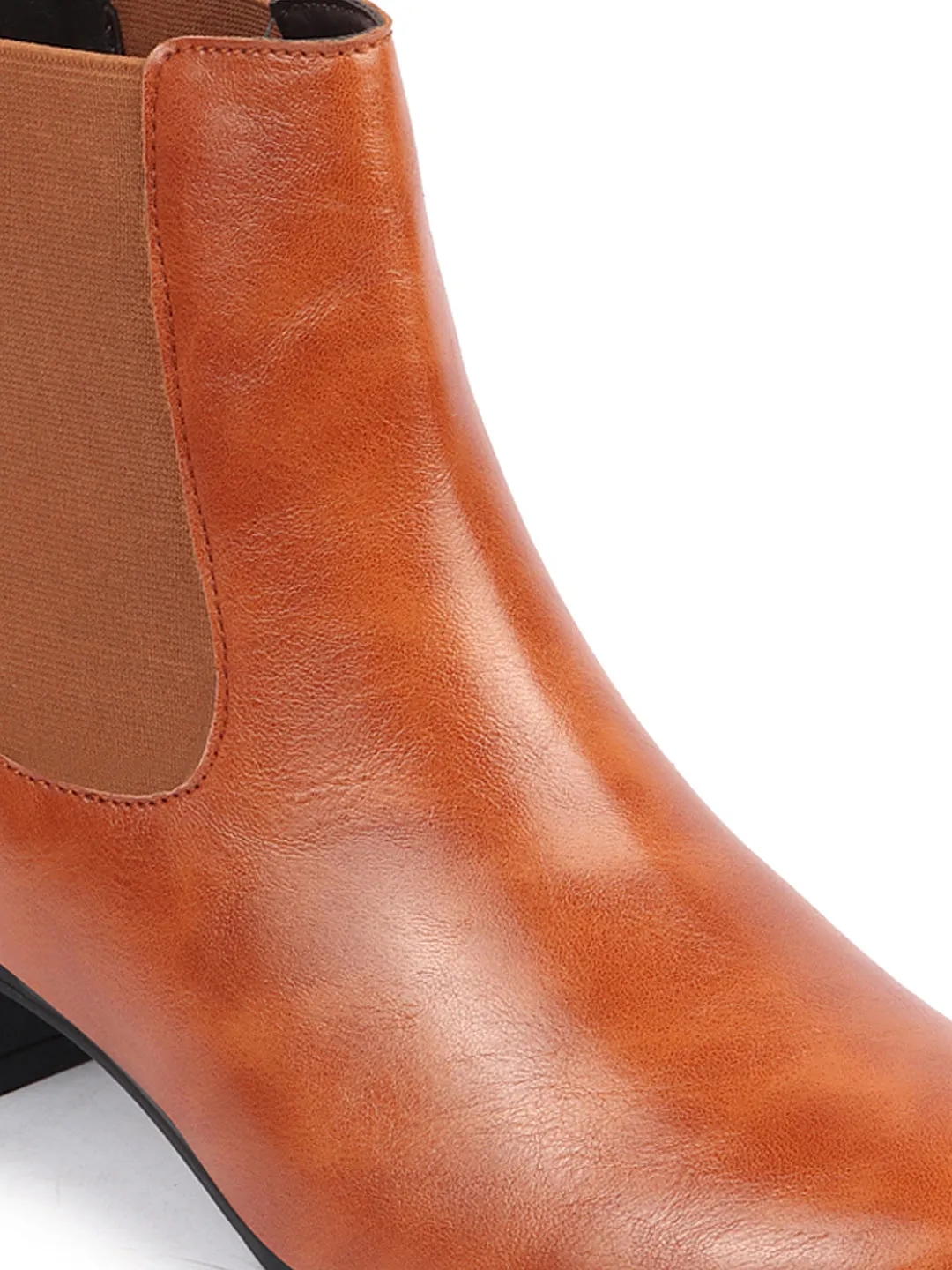 Women Tan Flared Heel High Ankle Top Winter Chelsea Boots