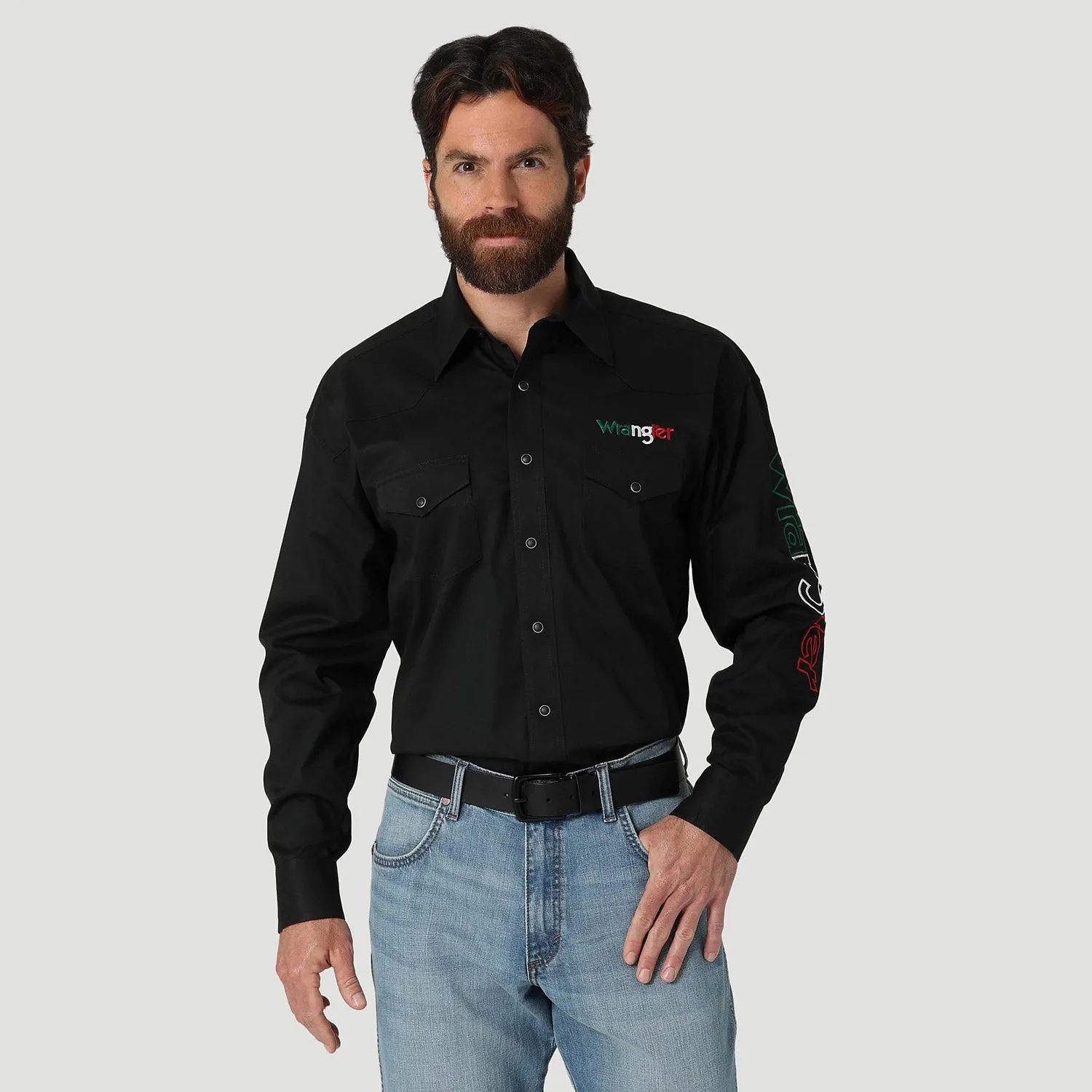 Wrangler® Men's Western Mexico Logo Snap-Front Long Sleeve Work Shirt