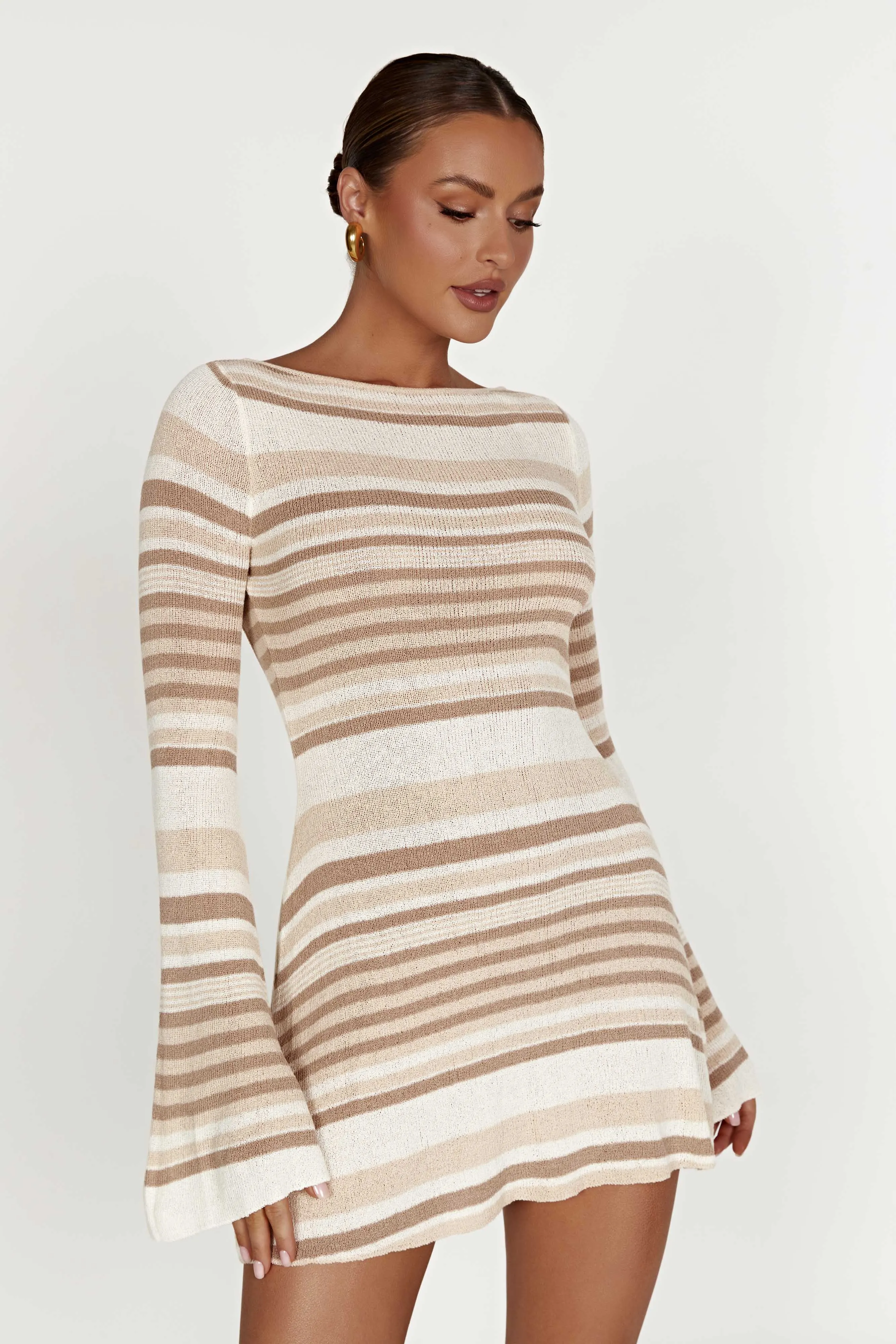 Zahra Long Sleeve Open Back Mini Knit Dress - Cream