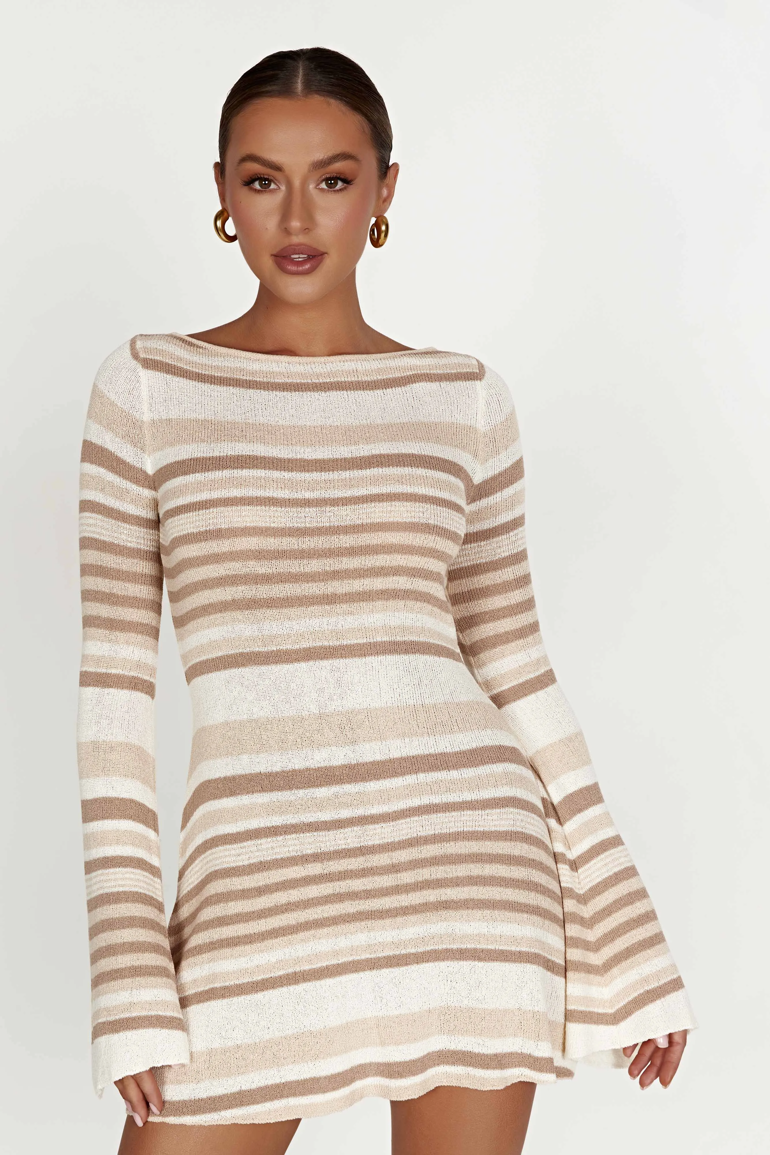 Zahra Long Sleeve Open Back Mini Knit Dress - Cream