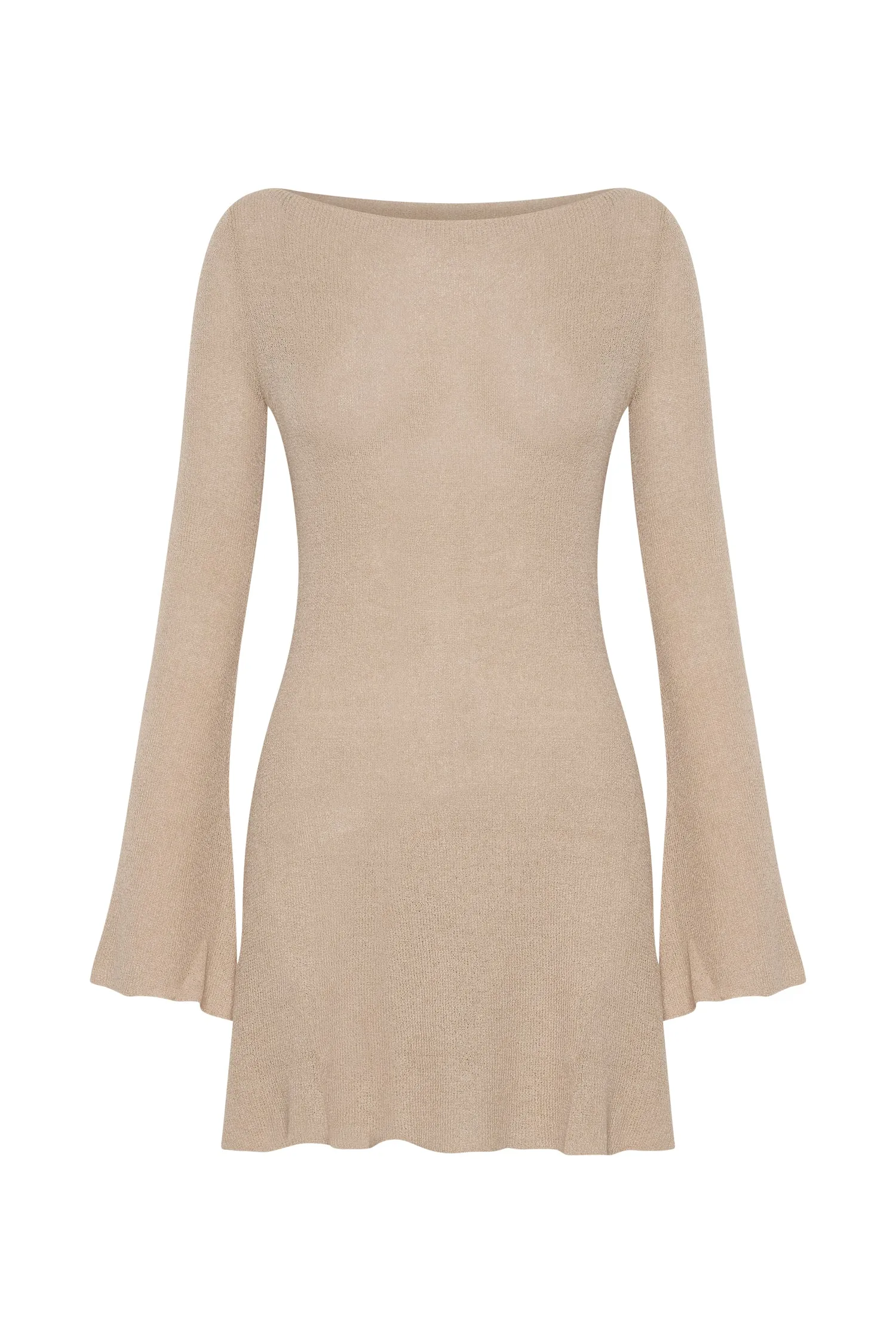 Zahra Long Sleeve Open Back Mini Knit Dress - Wheat